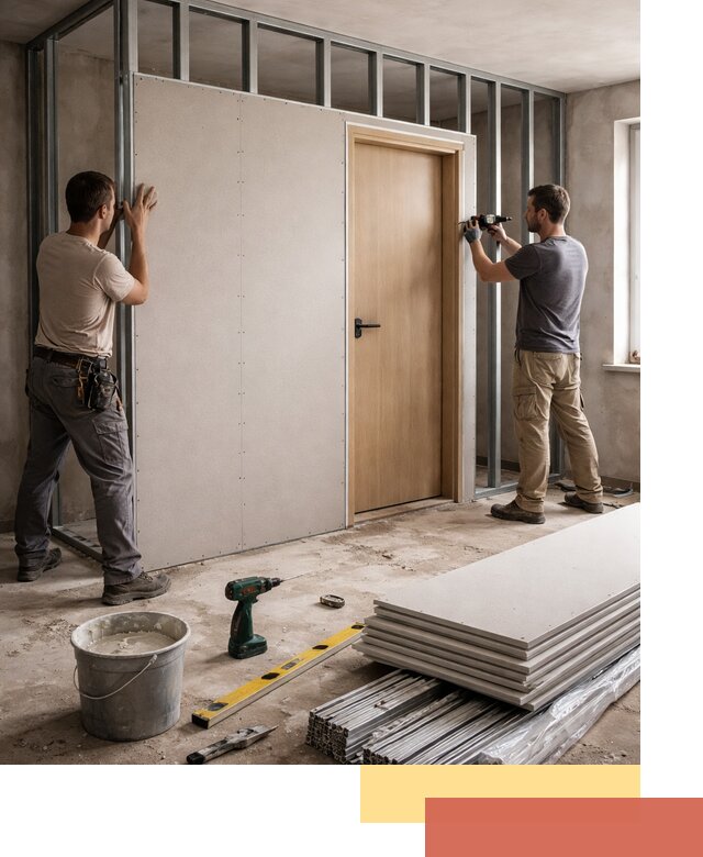 Перегородка из гипсокартона с дверью под ключ в Шелехове