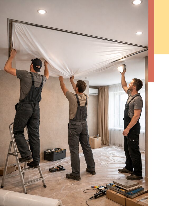 Монтаж ПВХ натяжного потолка в Шелехове от 3750 руб. под ключ | ОТДЕЛОЧНИК-Шлх