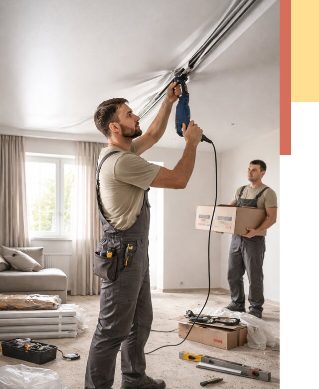 Монтаж сатинового натяжного потолка в Шелехове от 3750 руб. | Быстро, недорого — ОТДЕЛОЧНИК-Шлх