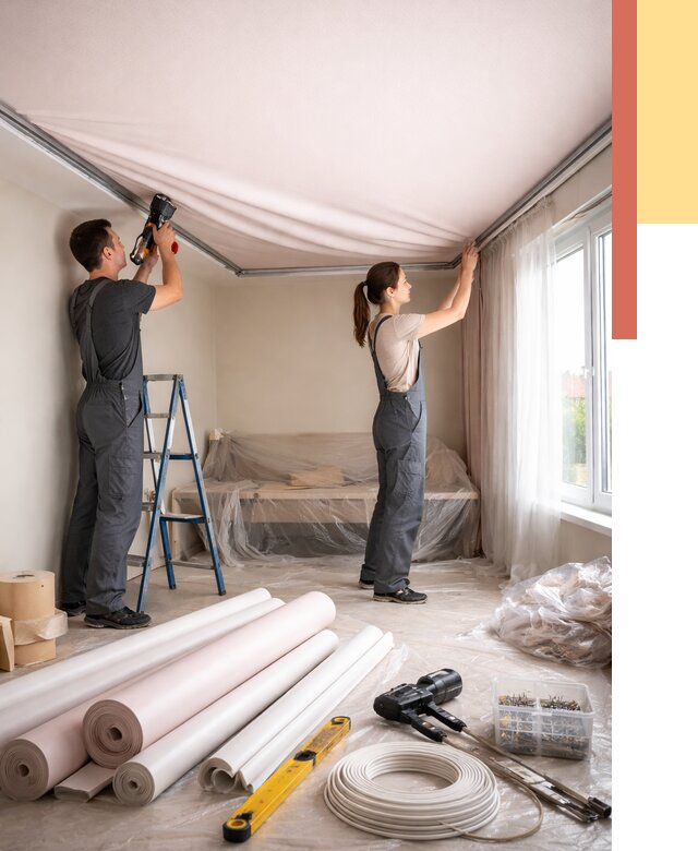 Монтаж цветного натяжного потолка в Шелехове от 4500 руб/м² — быстро и недорого | ОТДЕЛОЧНИК-Шлх