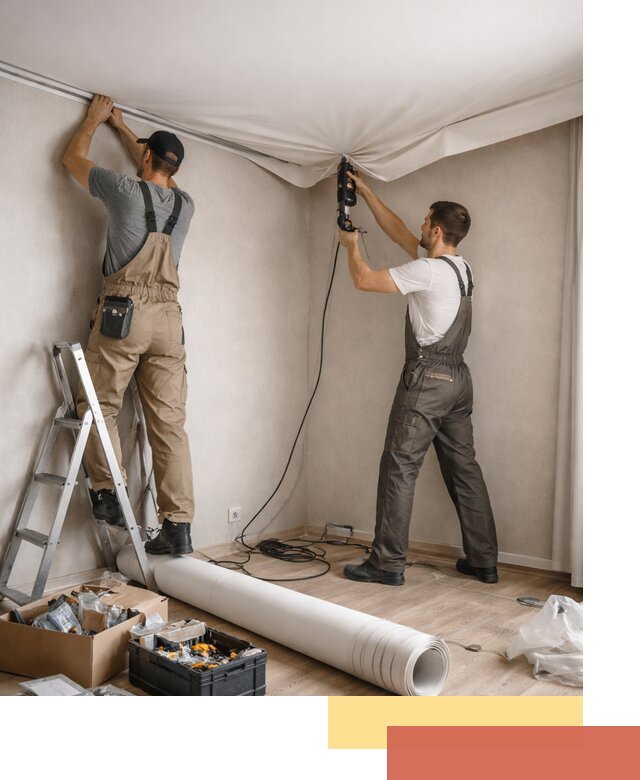 Монтаж цветного натяжного потолка в Шелехове за один день