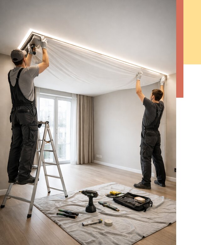 Монтаж парящего натяжного потолка в Шелехове от 4822 руб. быстро и недорого | ОТДЕЛОЧНИК-Шлх