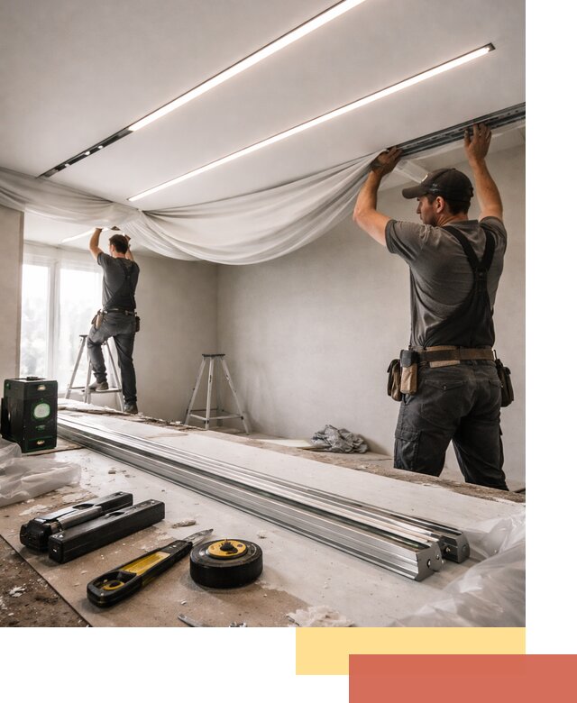 Монтаж натяжных потолков со световыми линиями в Шелехове