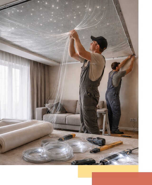 Монтаж натяжного потолка «Звездное небо» в Шелехове