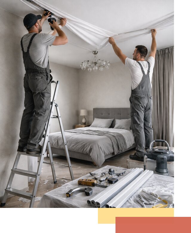 Монтаж натяжного потолка в спальне в Шелехове