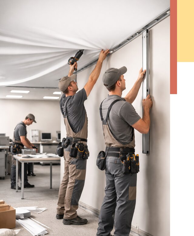 Монтаж натяжного потолка в офисе в Шелехове от 482 руб/м² — быстро и недорого | ОТДЕЛОЧНИК-Шлх