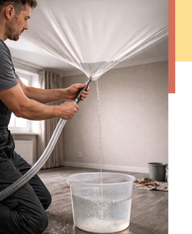 Слив воды с натяжного потолка в Шелехове от 2679 руб. быстро и недорого | ОТДЕЛОЧНИК-Шлх